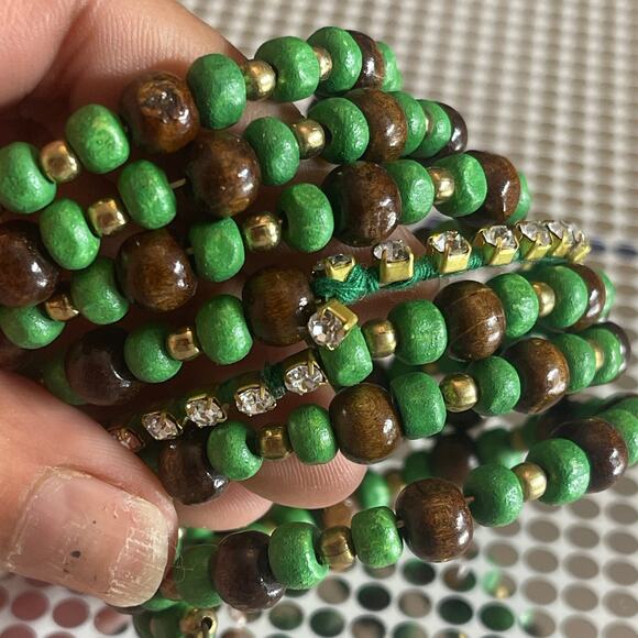 Vintage Memory Wire Bangle Bracelet Wrap Wooden Beaded Rhinestones B#14 - Picture 8 of 9